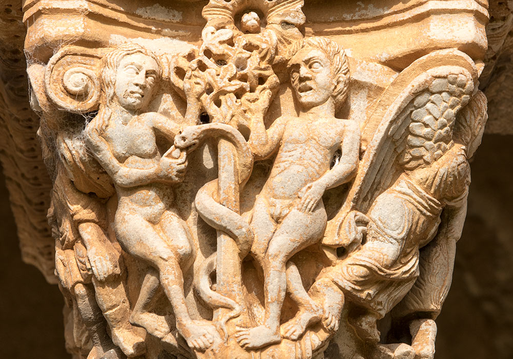 Adam and Eve on a capital, the Benedictine Cloister, Monreale, Sicilia