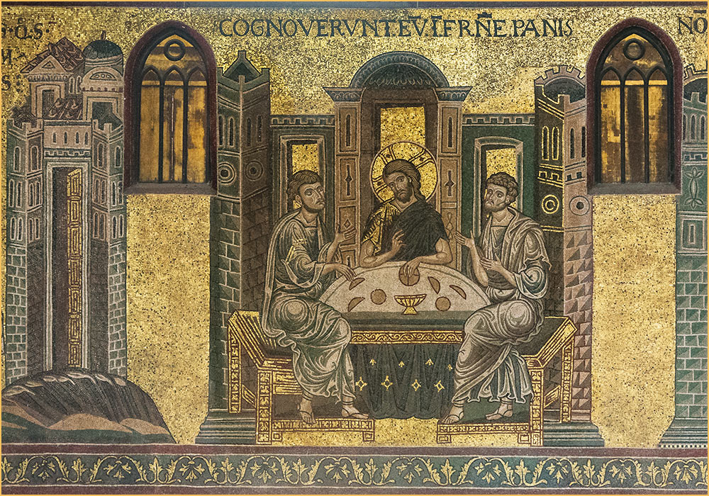 Monreale Cathedral mosaic: Cognoverunt eum in fractione panis: "Then the two told what had happened on the way, and how Jesus was recognized by them when he broke the bread" (Luke 24,35)