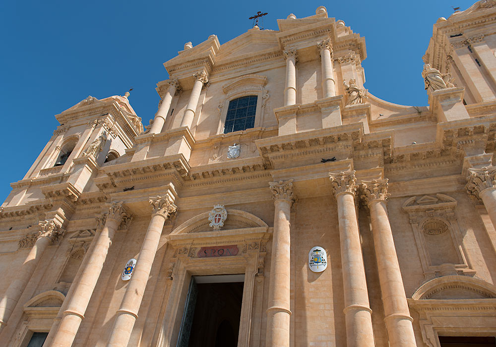 The baroque cathedral in Noto seen from a low angle