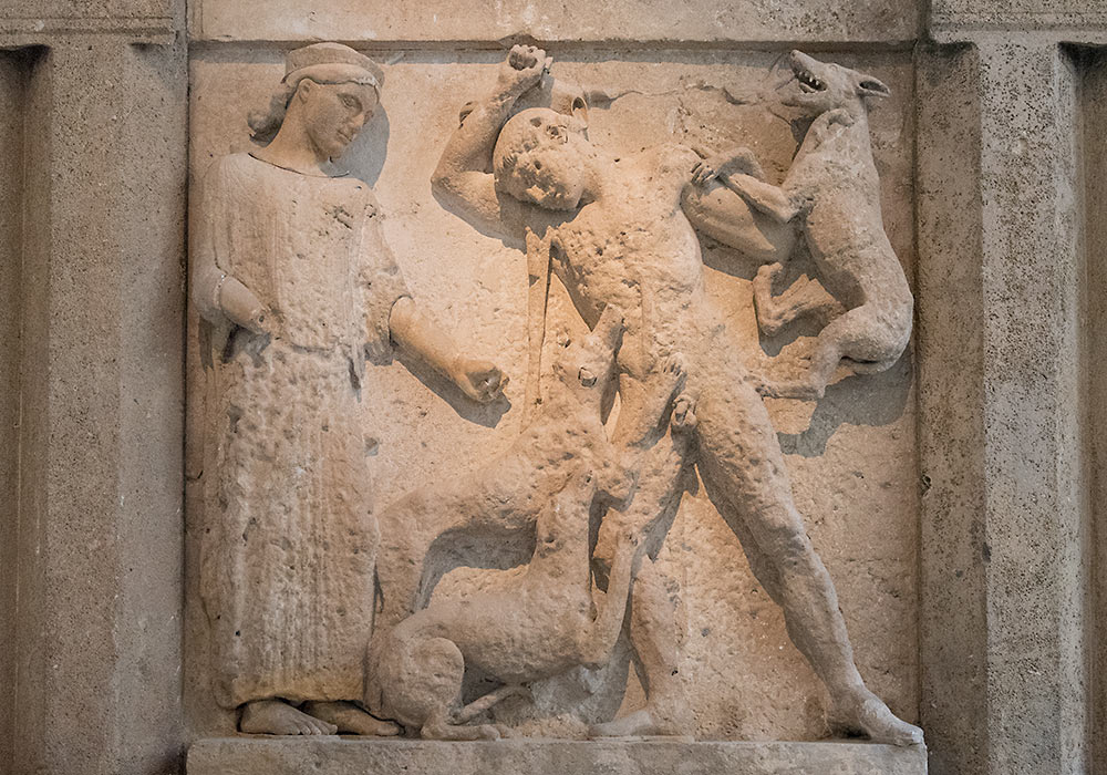 Actaeon punished for having seen Artemis, the goddess of hunting, naked. Selinunte, Temple E, 460-450BC. Limestone and marble. Archeological Museum, Palermo.