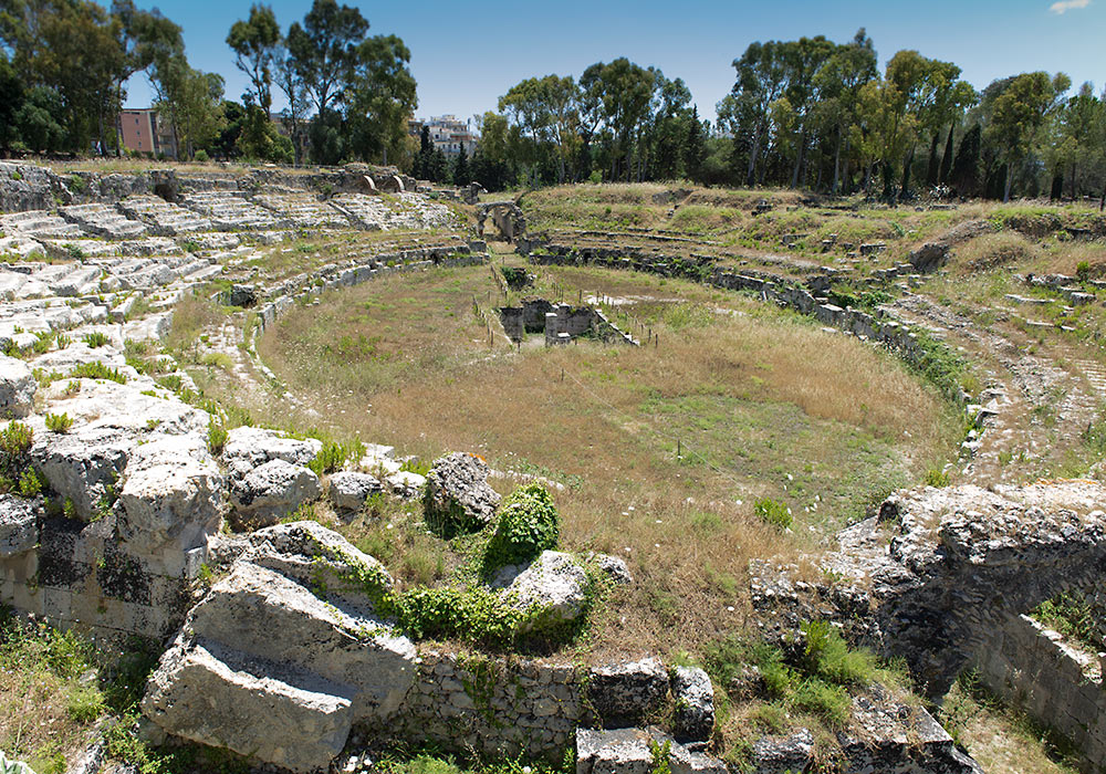 The Roman amphitheatre in Syracuse, used for gladiator fights.