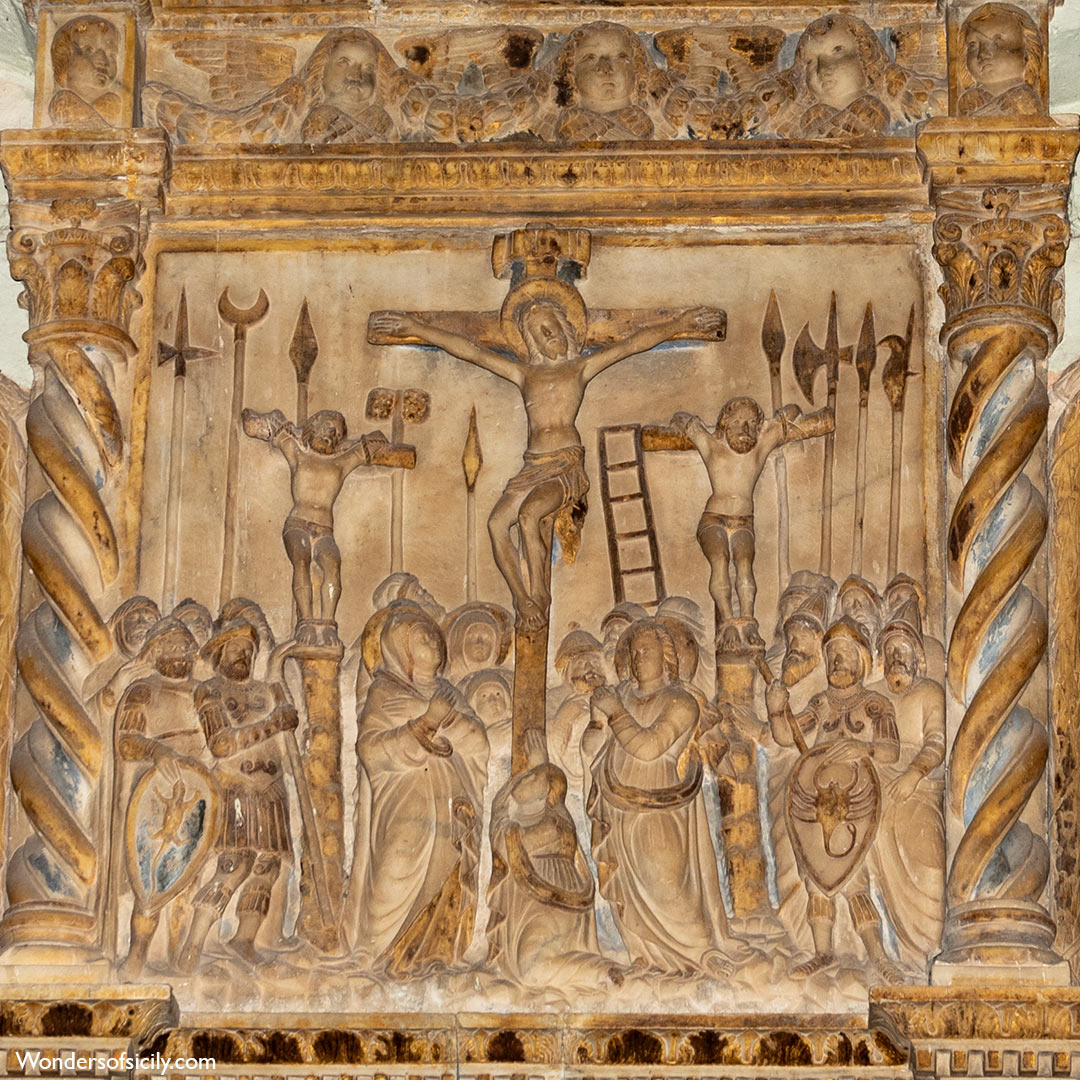 The crucifixion. Detail of a side altar in the church Chiesa Madre (Basilica San Pietro), Collesano.