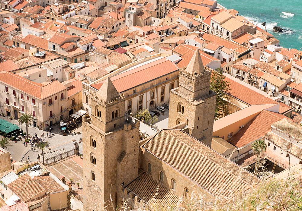 Cefalù with the Norman Cathedral seen from La rocca di Cefalù.
