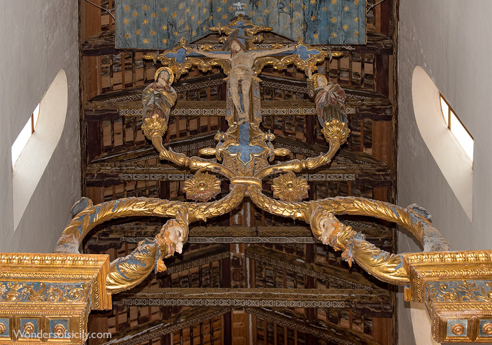 crucifix from 1555 is hanging from the roof in the church Chiesa Madre (Basilica San Pietro), Collesano