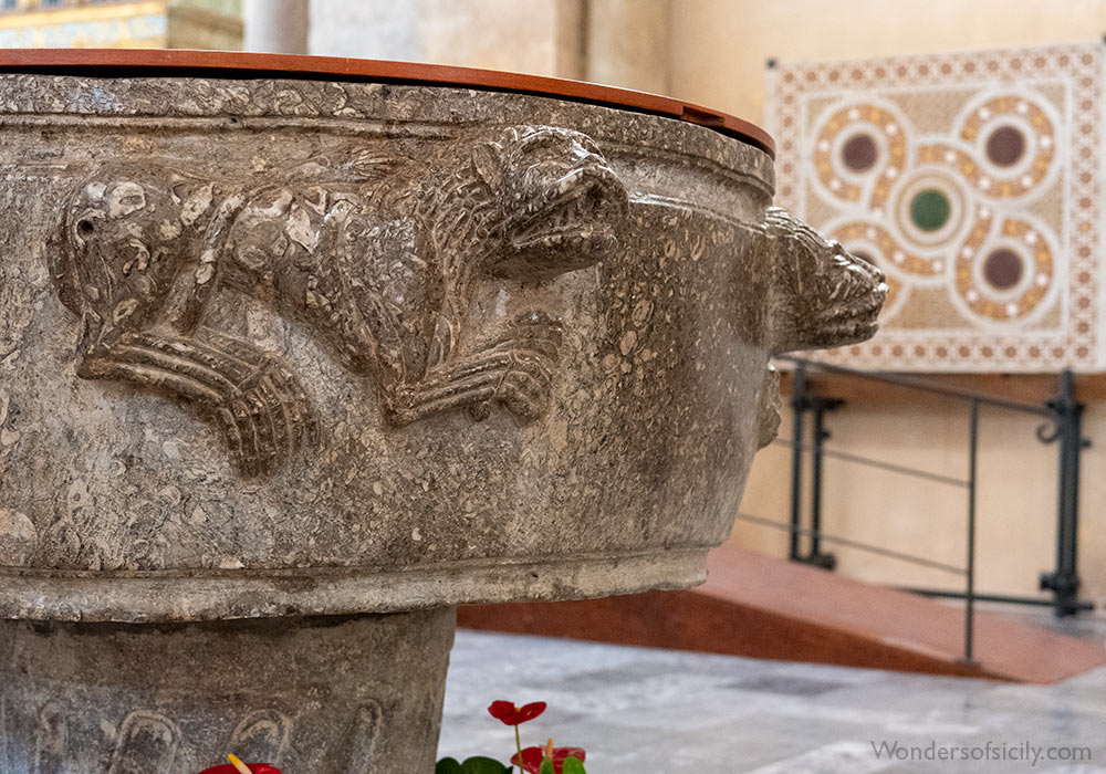 Baptismal font in the Cefalú cathedral. Photo: Per-Erik Skramstad