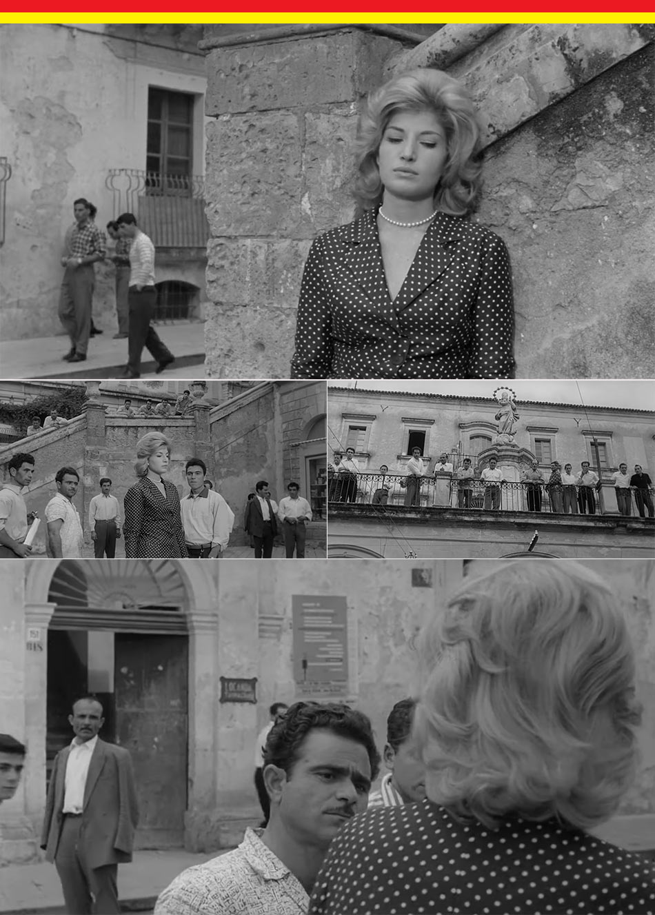 Claudia (Monica Vitti) is surrounded by men as she is waiting for Sandro (Gabriele Ferzetti) by the steps of Chiesa di San Francesco d'Assisi all'Immacolata, Noto